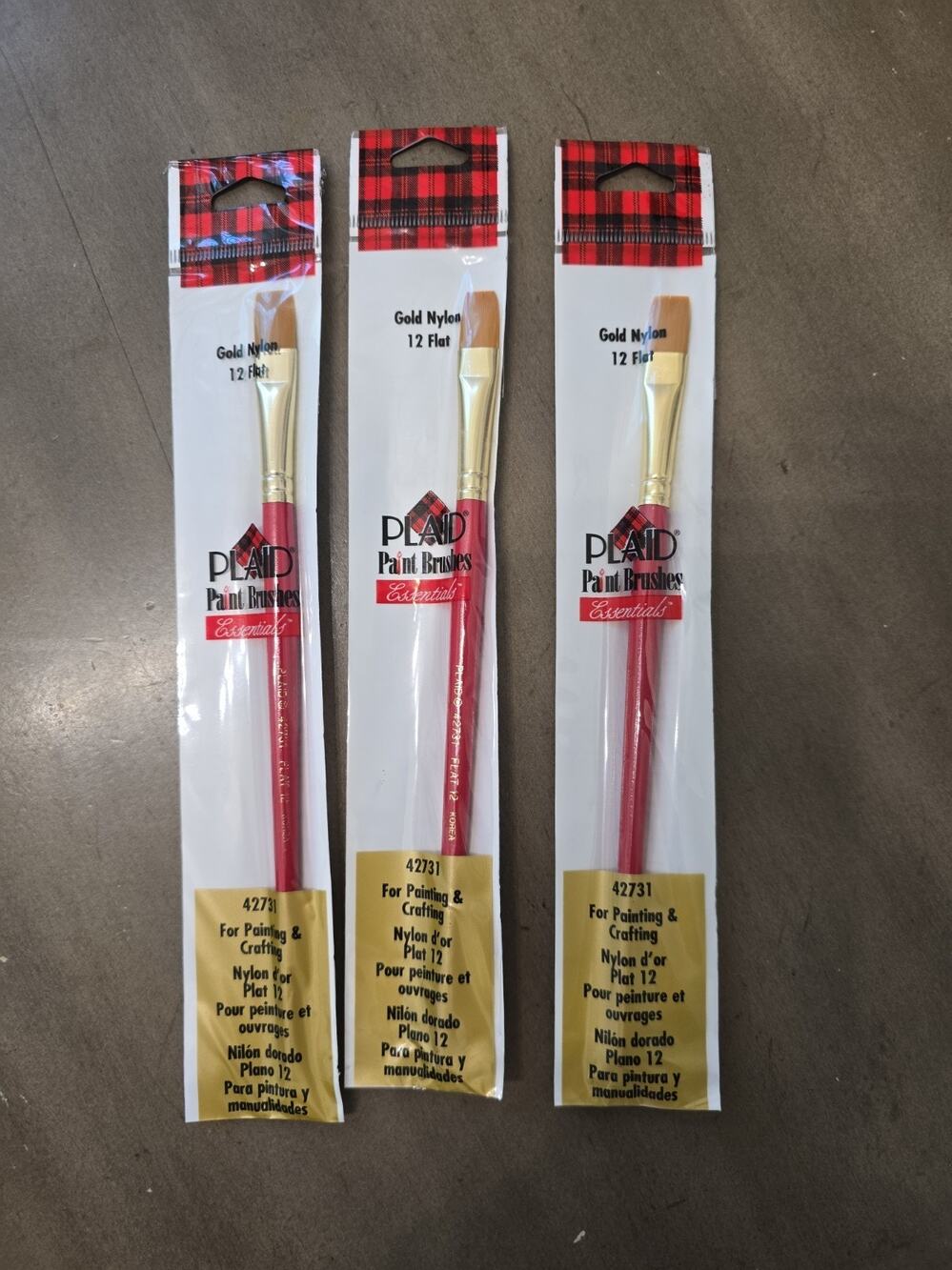 NOS 3 Packs Plaid Essentials Paint Brushes 12 Flat#42731 Gold Nylon Crafts